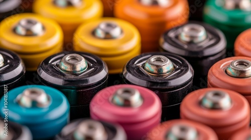 A close-up view of colorful battery tops arranged neatly, showcasing a variety of colors and textures.