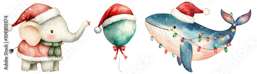 Watercolor christmas animals theme, Festive animals in Christmas hats, colorful and joyful, perfect for holiday.