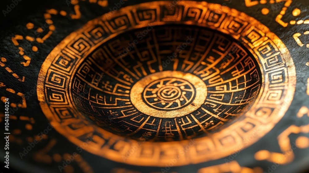 Macro shot of Greek kylix surface focusing on central geometric motif soft lighting Macro shot of Greek kylix surface focusing on central geometric motif soft lighting