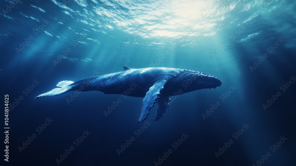 Fototapeta premium Humpback whale swimming underwater with sun rays