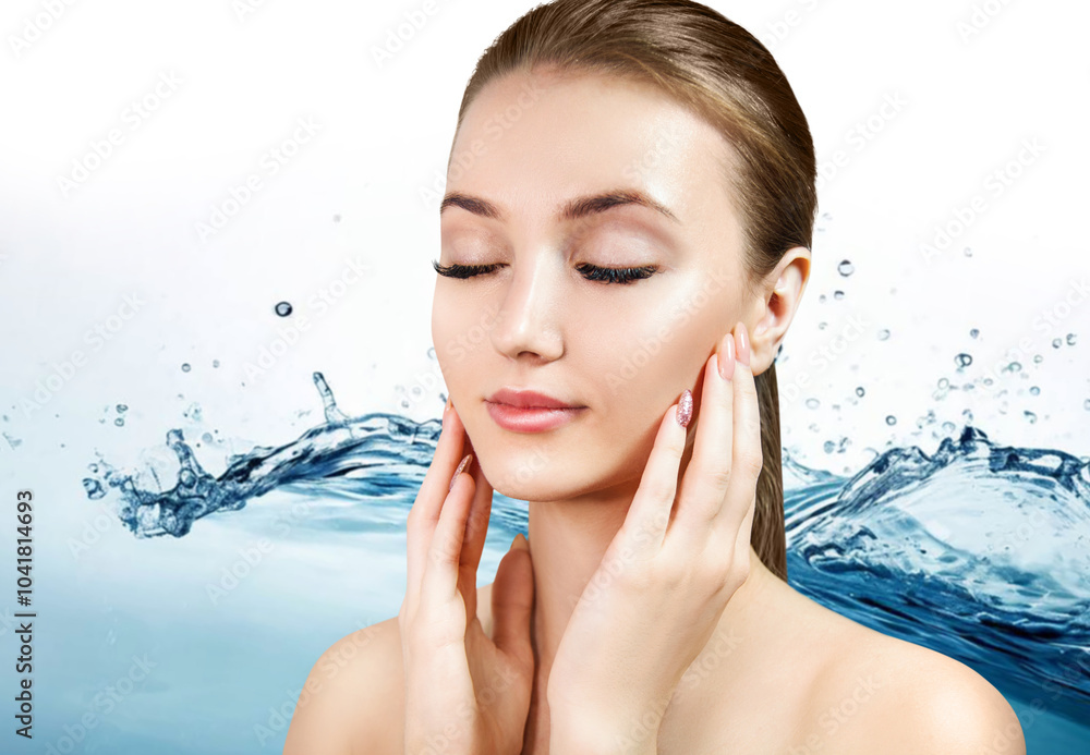 Naklejka premium Young woman near blue water splash.