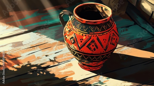 Vibrant Greek krater with red and black geometric motifs natural light enhances colors photo