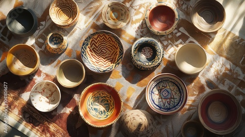 Assorted Greek pottery pieces with geometric patterns arranged under natural light