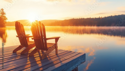 Fototapeta Naklejka Na Ścianę i Meble -  Two wooden chairs overlooking a tranquil lake at sunrise in a serene setting
