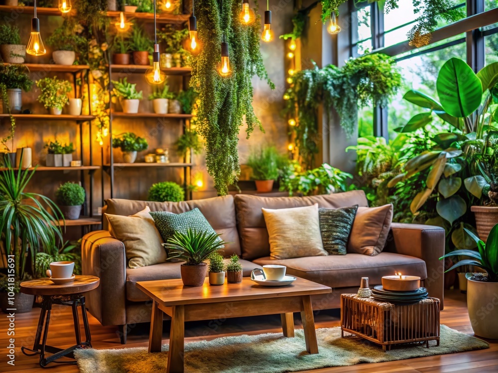Fototapeta premium Cozy Interior Design with Plants and Comfortable Seating for Relaxation and Serenity