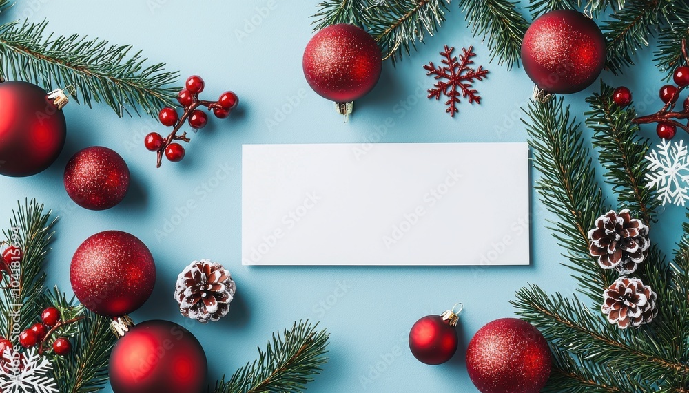 A festive arrangement featuring red ornaments, pine branches, and a blank card for holiday messages. A festive arrangement featuring red ornaments, pine branches, and a blank card for holiday messages.