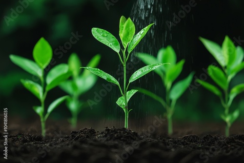 Fresh green seedlings sprout from dark soil, glistening with water droplets, symbolizing growth and new beginnings.