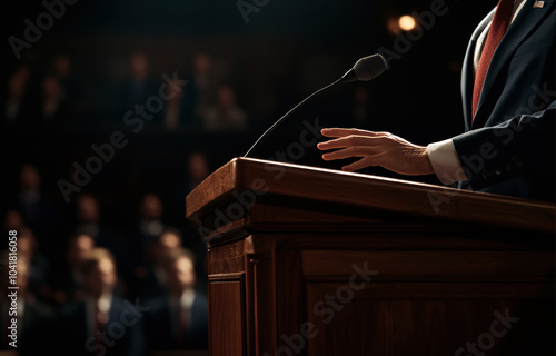 A poised speaker addresses an attentive audience, highlighting the significance of communication and engagement in public speaking. The moment captures the essence of persuasive dialogue. photo