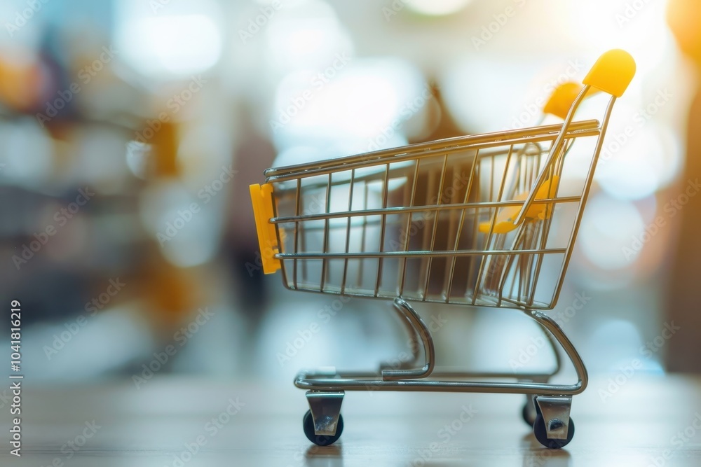Empty shopping cart in grocery store aisle under warm lighting, symbolizing retail, consumerism, and shopping experiences. Empty shopping cart in grocery store aisle under warm lighting, symbolizing retail, consumerism, and shopping experiences.