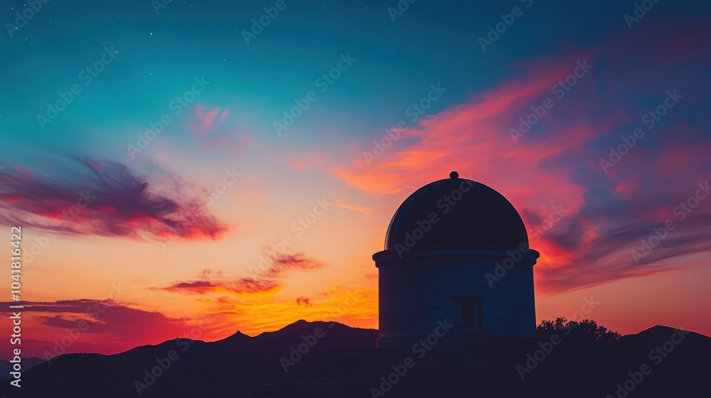 Fototapeta premium Wide-angle view of Greek observatory at dusk telescope silhouetted against colorful sunset