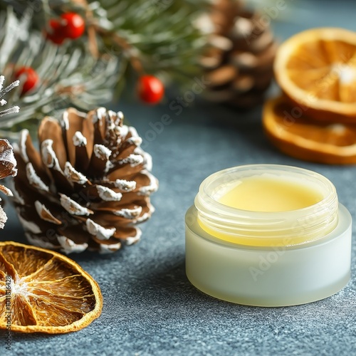 A soothing lip balm in a jar, surrounded by pinecones and dried orange slices, evoking a cozy winter atmosphere. photo