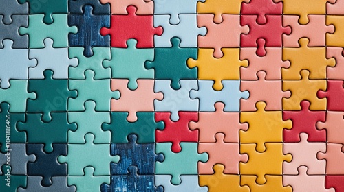 A colorful arrangement of interlocking puzzle pieces displayed in a varied pattern, showcasing different hues and textures.