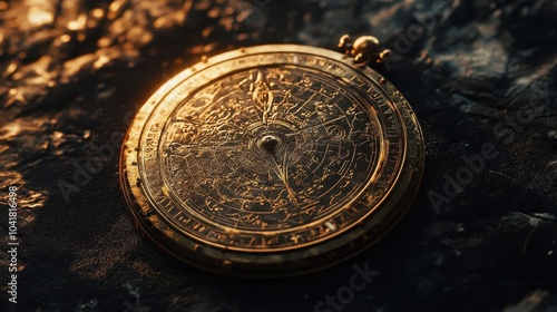 Greek astrolabe on dark velvet intricate celestial engravings illuminated by soft warm light photo