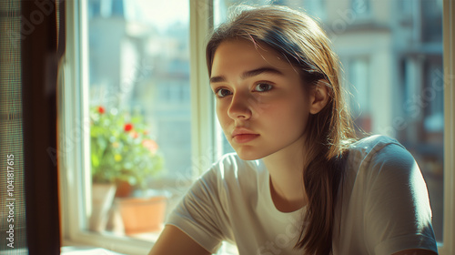 A young woman looking contemplative, sitting by a window, soft natural light casting shadows on her face, wearing casual clothes, with a blurred cityscape in the background, conveying a sense of refle