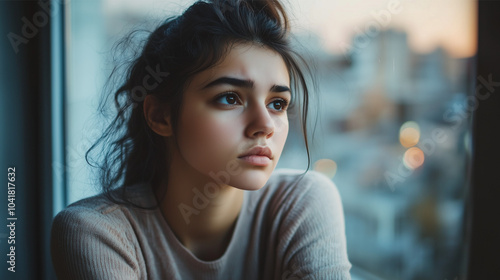 A young woman looking contemplative, sitting by a window, soft natural light casting shadows on her face, wearing casual clothes, with a blurred cityscape in the background, conveying a sense of refle