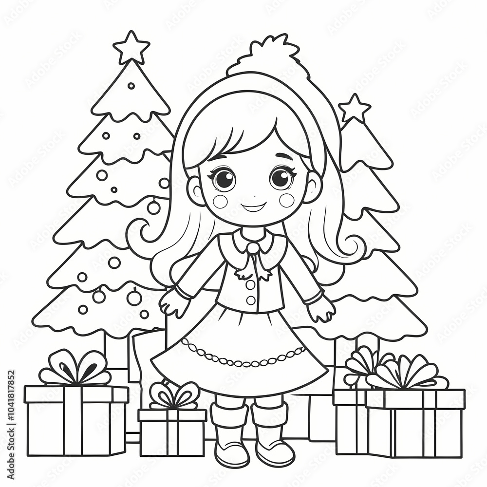 Fototapeta premium Outline Of girl with gifts and Christmas tree. Christmas. New year. Coloring book for kids