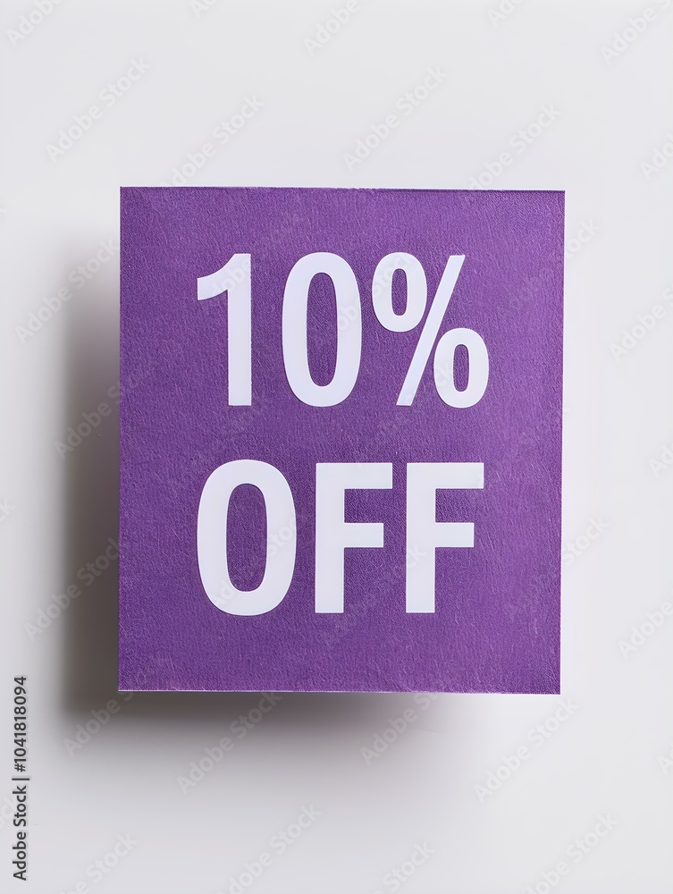 White '10% OFF' Text on a Purple Square Paper Note. White Background White '10% OFF' Text on a Purple Square Paper Note. White Background