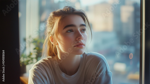 A young woman looking contemplative, sitting by a window, soft natural light casting shadows on her face, wearing casual clothes, with a blurred cityscape in the background, conveying a sense of refle