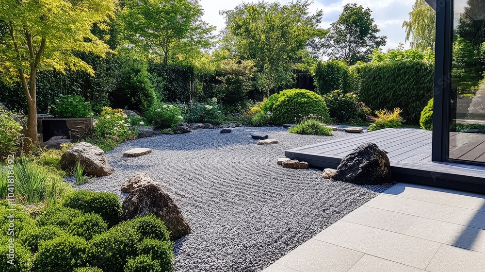 Obraz premium A peaceful Zen garden with neatly raked gravel and smooth stones, evoking a sense of tranquility and mindfulness
