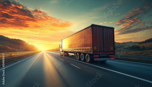Fototapeta Naklejka Na Ścianę i Meble -  Sunset view of a truck traveling down a highway surrounded by nature