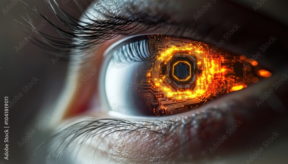 A close-up of an eye with intricate circuitry and glowing elements, symbolizing the fusion of technology and humanity. A close-up of an eye with intricate circuitry and glowing elements, symbolizing the fusion of technology and humanity.