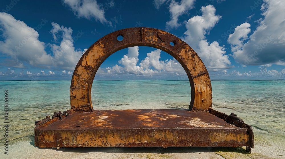 Fototapeta premium Rusted metal boat lift in south pacific ocean on the tropical island Bora Bora. The steel bars make a shape within a circle including trangle. .