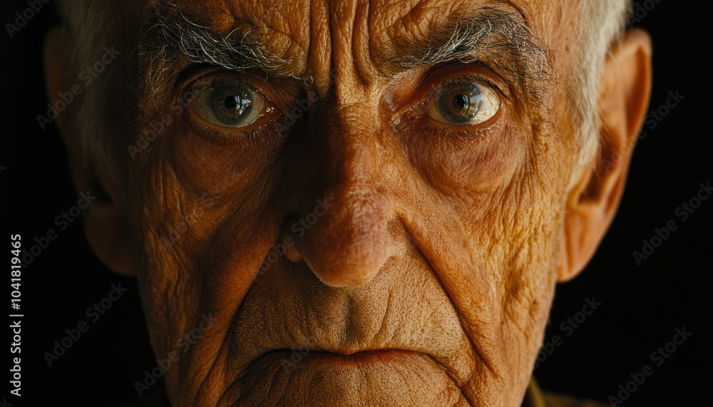Elderly man with deep wrinkles gazes at the camera against darkness Elderly man with deep wrinkles gazes at the camera against darkness