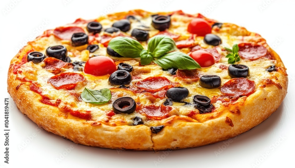Delicious pepperoni pizza topped with olives and fresh basil on a white background Delicious pepperoni pizza topped with olives and fresh basil on a white background