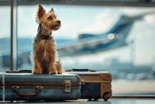 Yorkshire Terrier sitting on a suitcase in an airport terminal, with a plane in the background, creating a travel-themed image featuring a pet photo