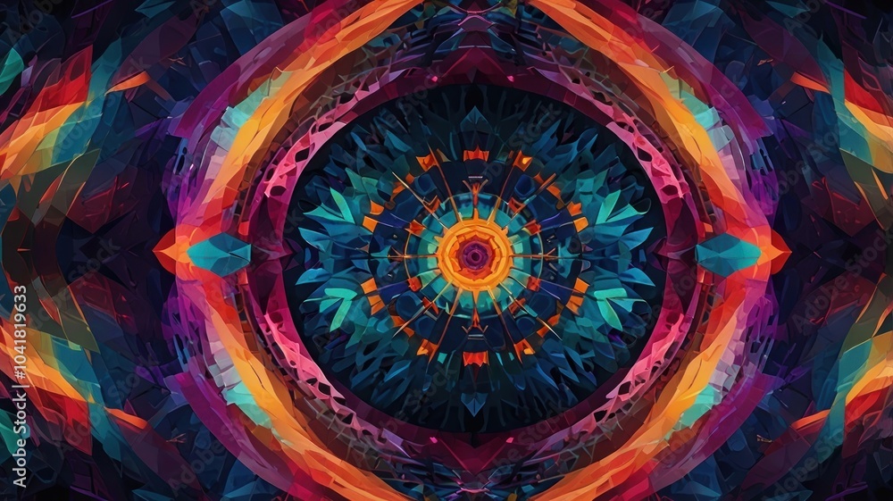 Fototapeta premium Abstract digital art featuring a colorful, symmetrical pattern with a central, circular design.