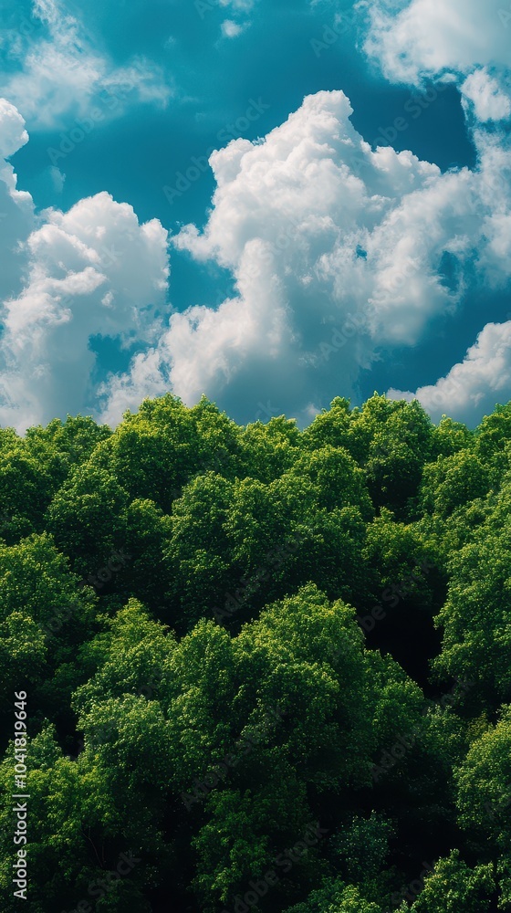 Vibrant green forest canopy under a bright blue sky with fluffy white clouds creating a serene natural landscape Vibrant green forest canopy under a bright blue sky with fluffy white clouds creating a serene natural landscape