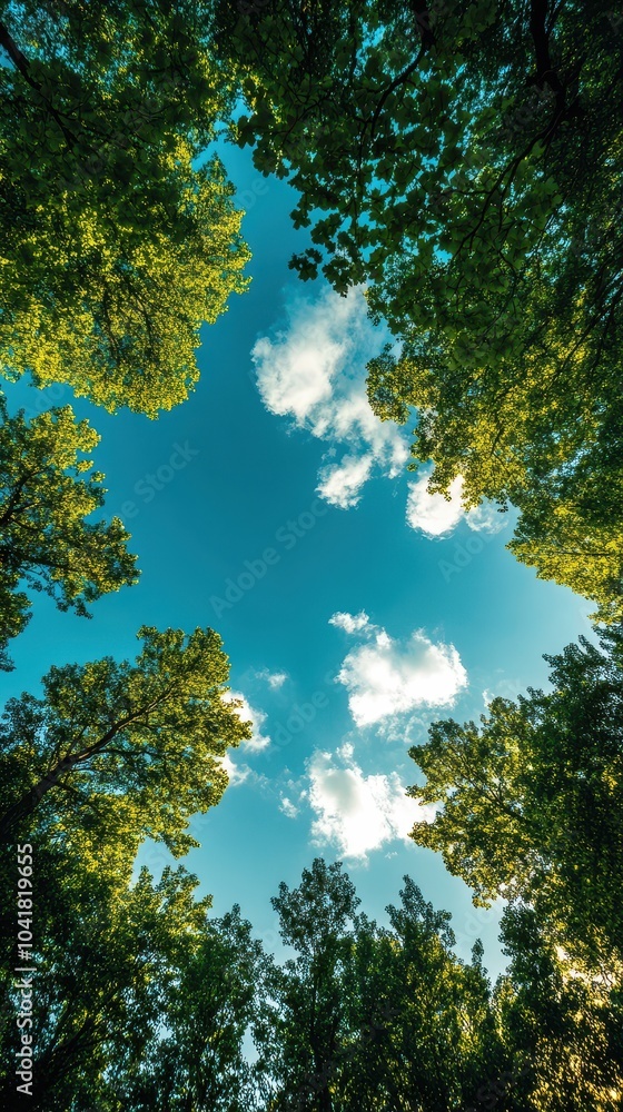 Obraz premium A serene canopy nature's beauty captured in a lush forest under a bright sky with fluffy clouds