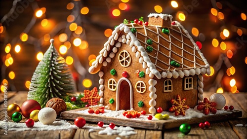 Gingerbread house decorated with Christmas lights and ornaments