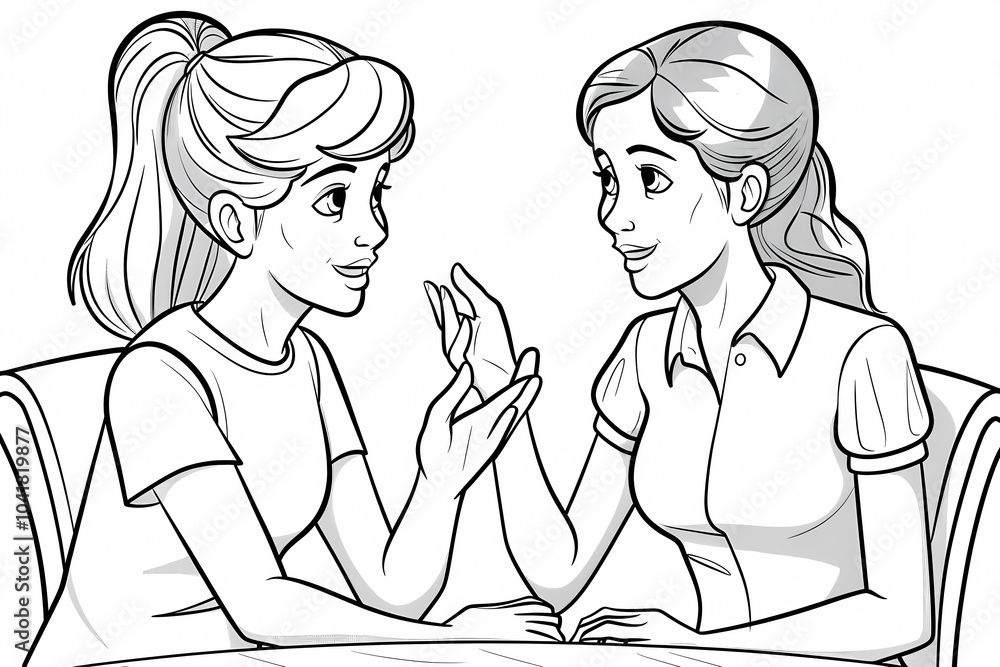 Two young women engage in a lively conversation, showcasing connection and friendship in a playful, animated setting. Two young women engage in a lively conversation, showcasing connection and friendship in a playful, animated setting.
