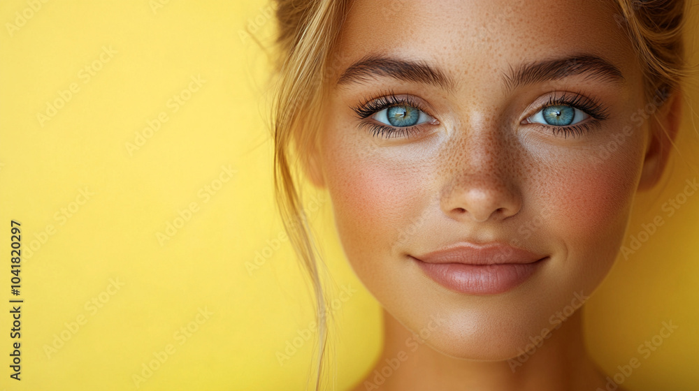Naklejka premium natural makeup on a girl's face against yellow close-up Skin Care Concept Perfect Face with Hydrated Skin