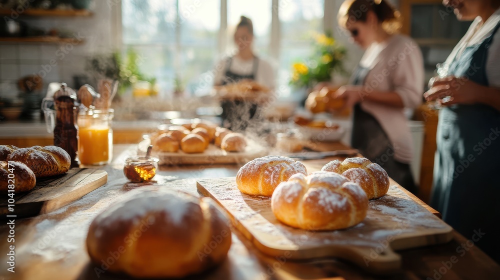 Pan de Muerto breads on a table as family members gather for Day of the Dead preparations, natural light from the kitchen window enhancing the warm and inviting atmosphere. Day of the Dead Pan de Muerto breads on a table as family members gather for Day of the Dead preparations, natural light from the kitchen window enhancing the warm and inviting atmosphere. Day of the Dead