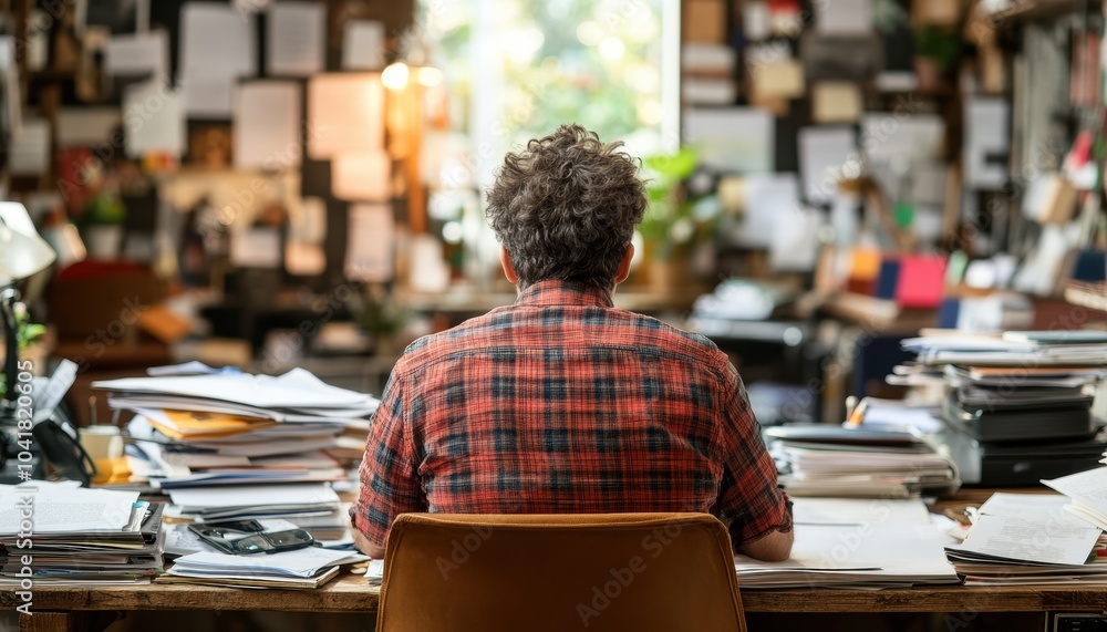 A person sitting at a cluttered desk surrounded by notes and papers in a workspace A person sitting at a cluttered desk surrounded by notes and papers in a workspace