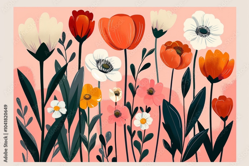 Naklejka premium Colorful square composition with bright flowers and bold lines