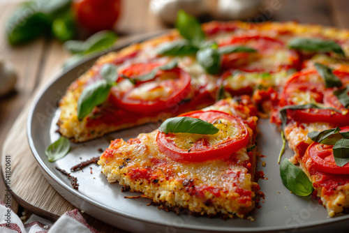 A plate of cauliflower crust pizza with vegetable toppings