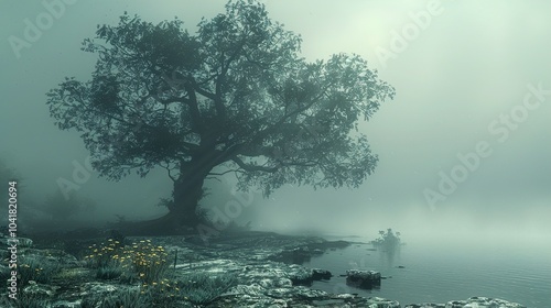 Misty Lake with Solitary Tree - Tranquil Nature Scene photo