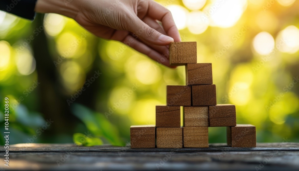 Building a wooden block pyramid outdoors during bright daylight in a serene setting Building a wooden block pyramid outdoors during bright daylight in a serene setting