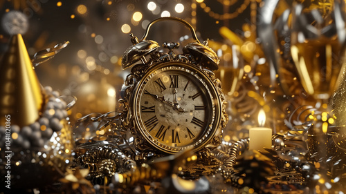 Elegant New Year's clock striking midnight – gold accents, …