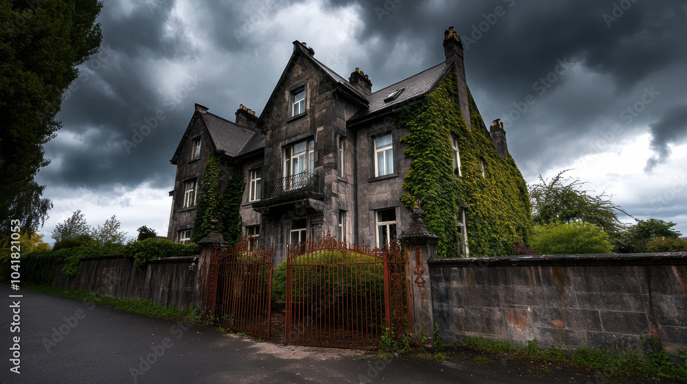 Fototapeta premium Crumbling mansion with ivy covered walls under dark clouds evokes sense of mystery