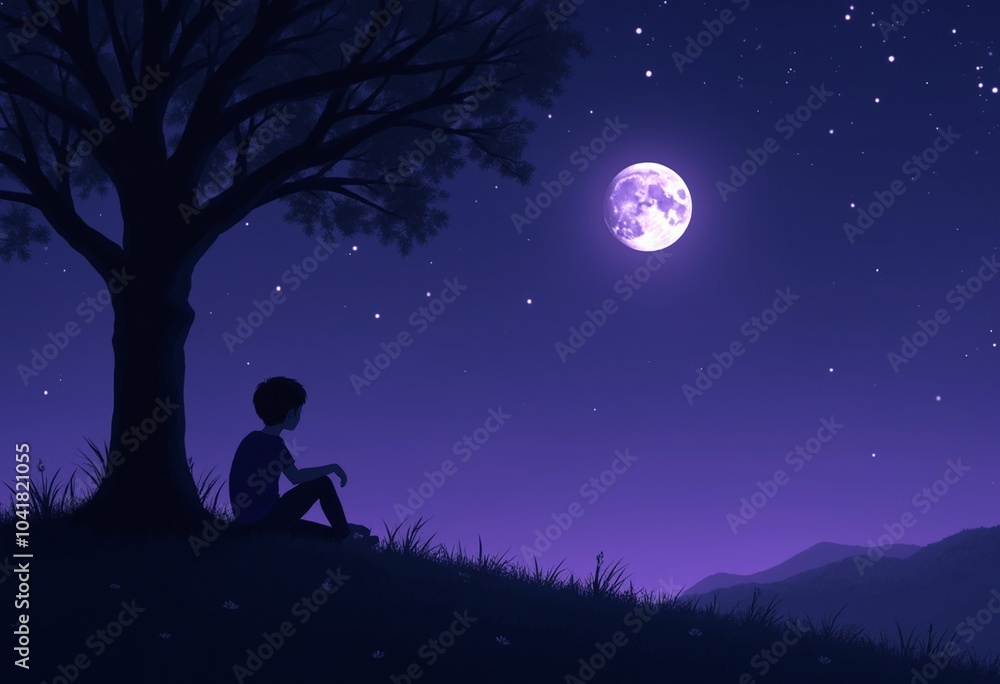 Lonely boy sitting next to a tree on a hill staring at the moon in the purple night sky Lonely boy sitting next to a tree on a hill staring at the moon in the purple night sky