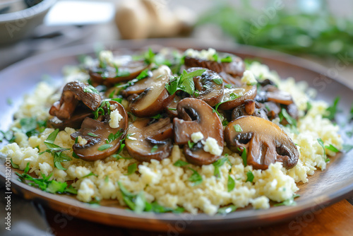 A plate of cauliflower rice with sautéed mushrooms photo