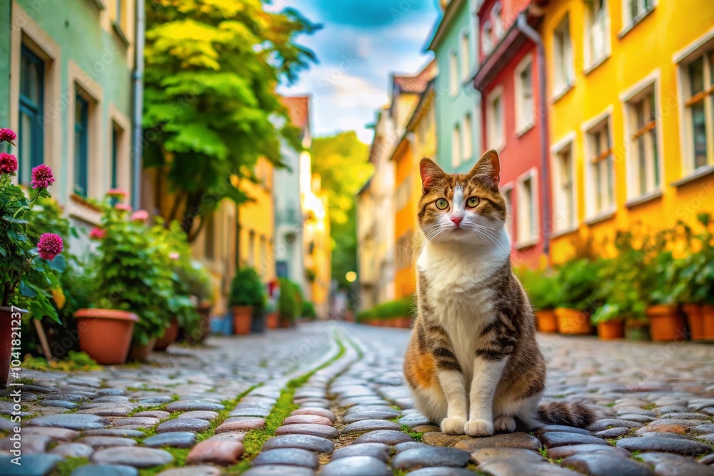 Obraz premium Cute Cat on the Street in High Depth of Field - Adorable Feline Surrounded by Urban Scenery