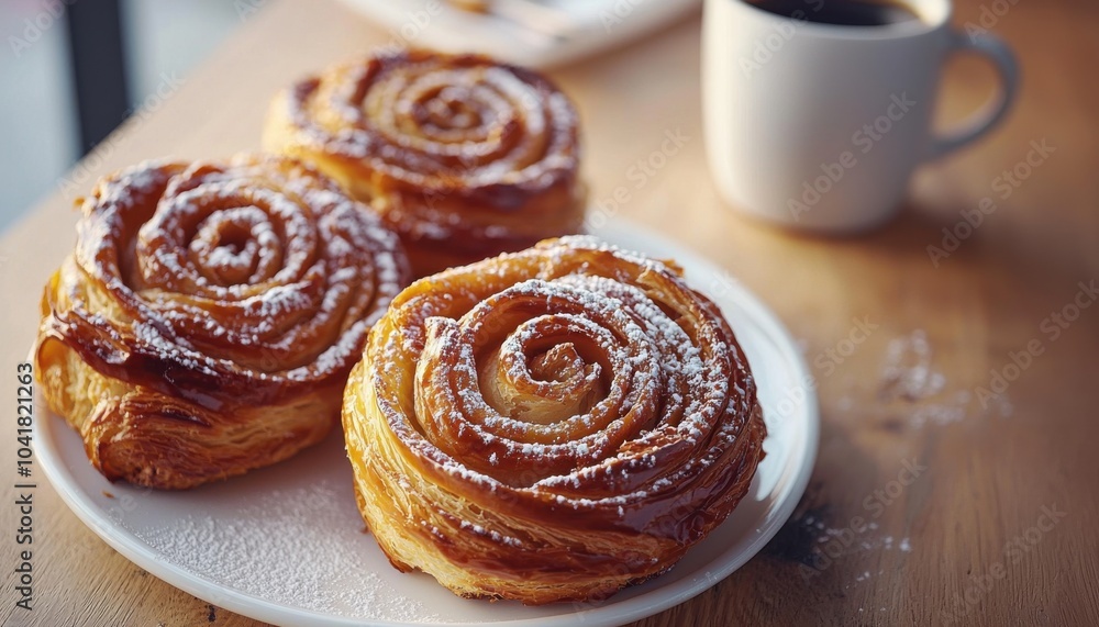 A plate of freshly baked cinnamon rolls dusted with powdered sugar, accompanied by a cup of coffee on a wooden table. A plate of freshly baked cinnamon rolls dusted with powdered sugar, accompanied by a cup of coffee on a wooden table.