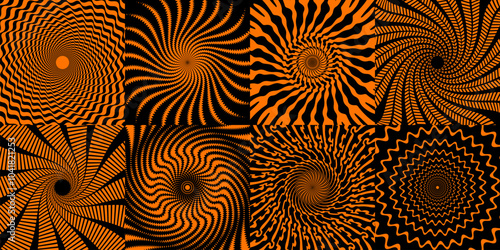 Psychedelic Halloween spiral patterns vector set. Backgrounds with hypnotic swirls, hypnosis effect. Black and orange vortex, illusion of movement and depth with dizzying effect, abstract twirls