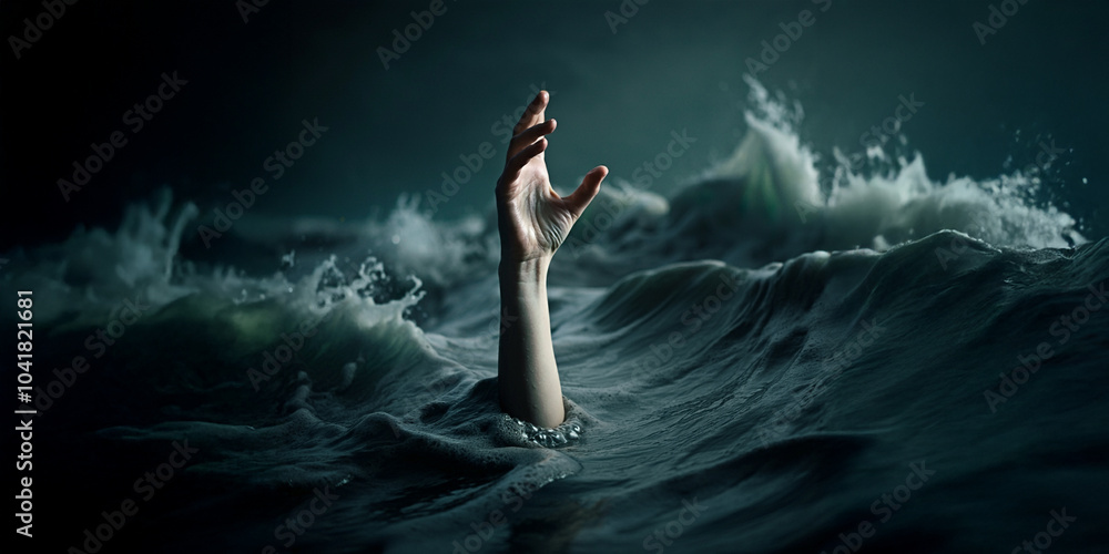 Hand, Arm & Fingers Reaching up out of Water, Wet Ocean & Sea Waves,Drown or Drowning, Hope, Strength, Save Banner Graphic Hand, Arm & Fingers Reaching up out of Water, Wet Ocean & Sea Waves,Drown or Drowning, Hope, Strength, Save Banner Graphic
