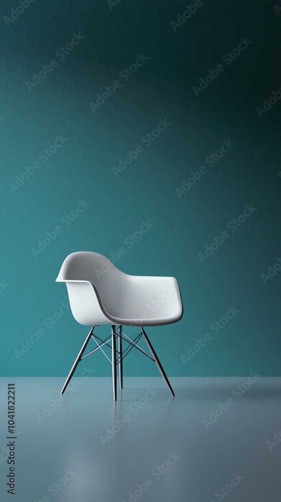 White modernist chair on gray floor, sleek teal wall as backdrop White modernist chair on gray floor, sleek teal wall as backdrop